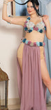 Belly dance suit made of chiffon with embroidery of roses and pearls on the chest