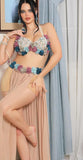 Belly dance suit made of chiffon with embroidery of roses and pearls on the chest