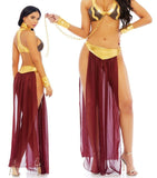 Belly dance suit made of chiffon and leather with a metal chain at the neck