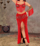 A belly dancing suit made of Lycra, open in the front, with embroidery of shiny beads and threads at the chest and sleeves.