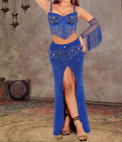 A belly dancing suit made of Lycra, open in the front, with embroidery of shiny beads and threads at the chest and sleeves.