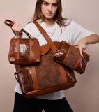 Hand bag - 3 pieces - leather in chamois
