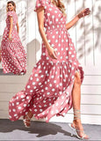 Dotted cotton long house dress - with elastic in the middle - open from one side