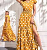 Dotted cotton long house dress - with elastic in the middle - open from one side