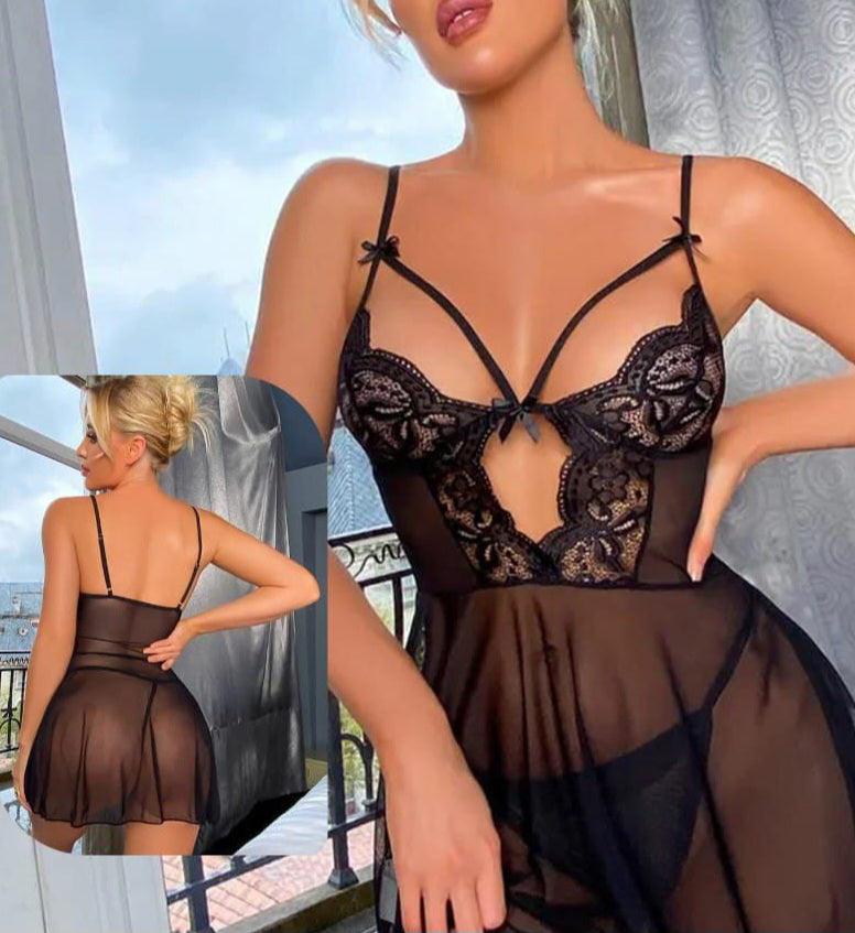 Two-piece chiffon lingerie with lace from the chest - open back