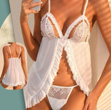 Two-piece lingerie made of chiffon and lace - open in front with ruffles at the stomach