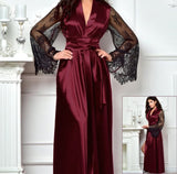 Long satin robe with tulle and lace sleeves