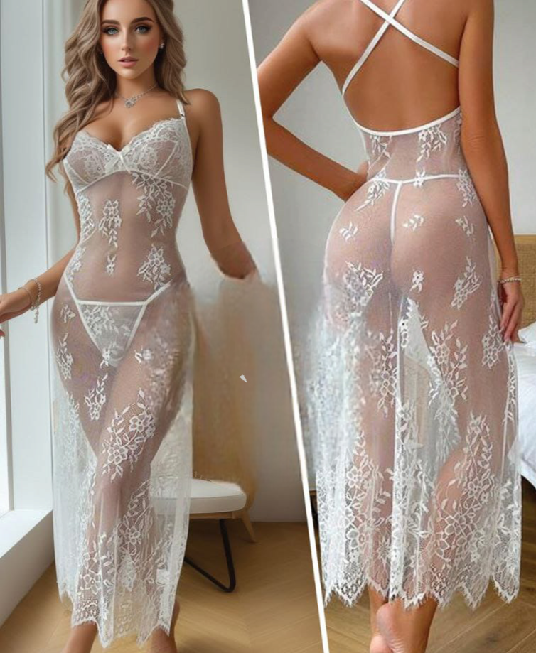 Two-piece long lingerie - made of lace