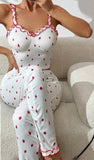 Two-piece pajama made of ribbed cotton Lycra with ruffles around the chest - with strawberry print