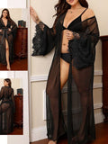 Three-piece lingerie consisting of a bra and underwear made of Lycra, with a long chiffon robe and lace sleeves.