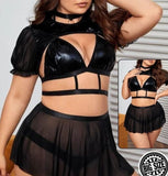 Four-piece lingerie made of leather and chiffon