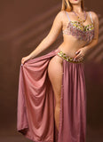 A belly dancing suit made of Lycra with shiny beaded embroidery