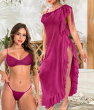 Three-piece lingerie made of chiffon with ruffles on the sides and shoulders