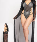 A jumpsuit made of Lycra embroidered with shiny beads with a long robe made of tulle