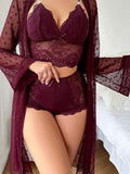 Three-piece pajama made of Lycra and lace with a chiffon robe