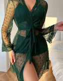 Three-piece pajama made of Lycra and lace with a chiffon robe