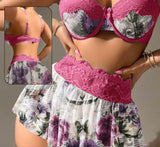 Two-piece lingerie made of floral chiffon and lace