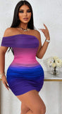 Short dress made of Lycra with ruffles on the sides - off-shoulder