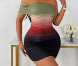 Short dress made of Lycra with ruffles on the sides - off-shoulder