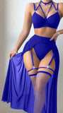 Three-piece lingerie made of Lycra and chiffon with a long net sock