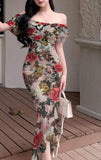 Long dress made of floral chiffon - off-shoulder with ruffles at the tail