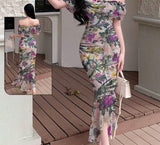 Long dress made of floral chiffon - off-shoulder with ruffles at the tail