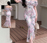 Long dress made of floral chiffon - off-shoulder with ruffles at the tail