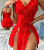 Two-piece lingerie made of chiffon and lace, open on the sides with ruffles around the chest