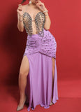 Belly dance suit made of Lycra with shiny pearl embroidery - with ruffles on the sides