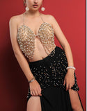 Belly dance suit made of Lycra with shiny pearl embroidery - with ruffles on the sides