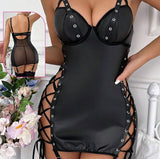 Lingerie made of leather and chiffon with ties on the sides