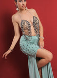 Belly dance suit made of Lycra with shiny pearl embroidery - with ruffles on the sides