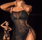 Three-piece lingerie made of Lycra and shiny tulle - with open on one side