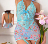 Two-piece lingerie made of floral chiffon and lace -  open-back