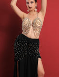 Belly dance suit made of Lycra with shiny pearl embroidery - with ruffles on the sides