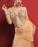 Belly dance suit made of Lycra with shiny pearl embroidery - with ruffles on the sides