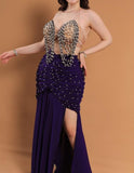 Belly dance suit made of Lycra with shiny pearl embroidery - with ruffles on the sides