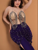 Belly dance suit made of Lycra with shiny pearl embroidery - with ruffles on the sides