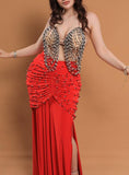 Belly dance suit made of Lycra with shiny pearl embroidery - with ruffles on the sides