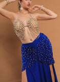 Belly dance suit made of Lycra with shiny pearl embroidery - with ruffles on the sides