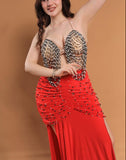 Belly dance suit made of Lycra with shiny pearl embroidery - with ruffles on the sides