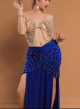 Belly dance suit made of Lycra with shiny pearl embroidery - with ruffles on the sides