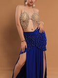 Belly dance suit made of Lycra with shiny pearl embroidery - with ruffles on the sides