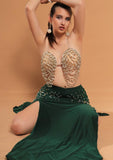 Belly dance suit made of Lycra with shiny pearl embroidery - with ruffles on the sides