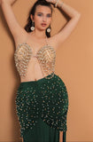 Belly dance suit made of Lycra with shiny pearl embroidery - with ruffles on the sides