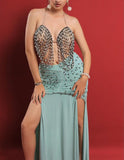 Belly dance suit made of Lycra with shiny pearl embroidery - with ruffles on the sides