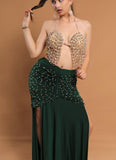 Belly dance suit made of Lycra with shiny pearl embroidery - with ruffles on the sides