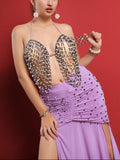 Belly dance suit made of Lycra with shiny pearl embroidery - with ruffles on the sides