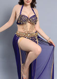 A belly dancing suit made of chiffon with embroidery and shiny metal rings