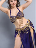 A belly dancing suit made of chiffon with embroidery and shiny metal rings